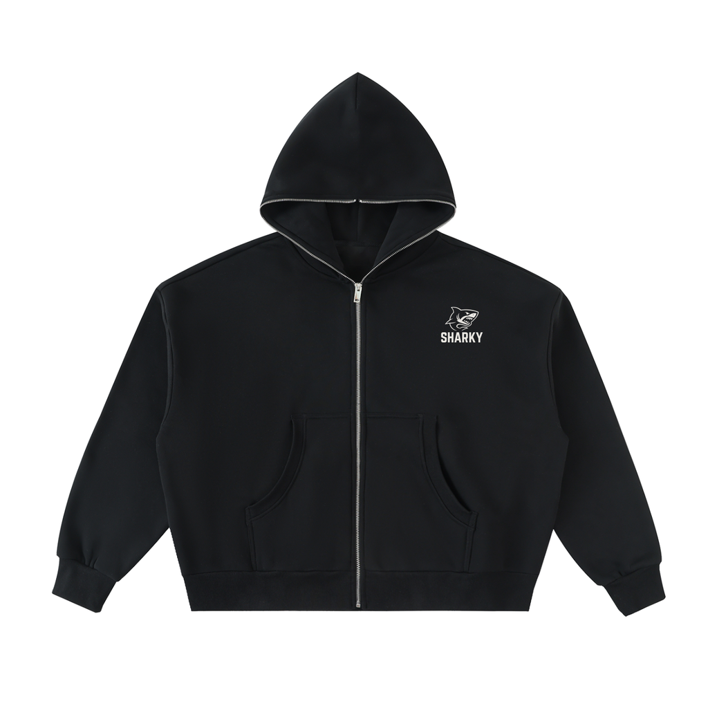 Fleeced Full-Zip Boxy Hoodie - SHARKY