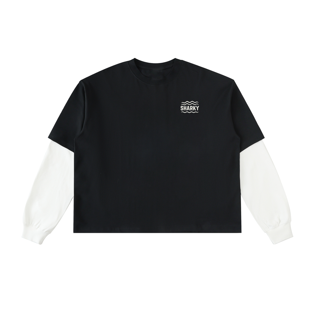 Layered Contrast Sleeve Cotton T-Shirt - SHARKY