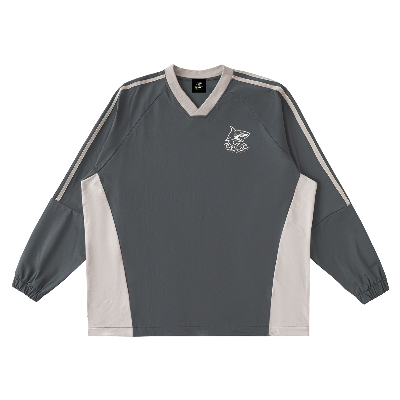 Color-Block V-Neck Long-Sleeve T-Shirt - SHARKY