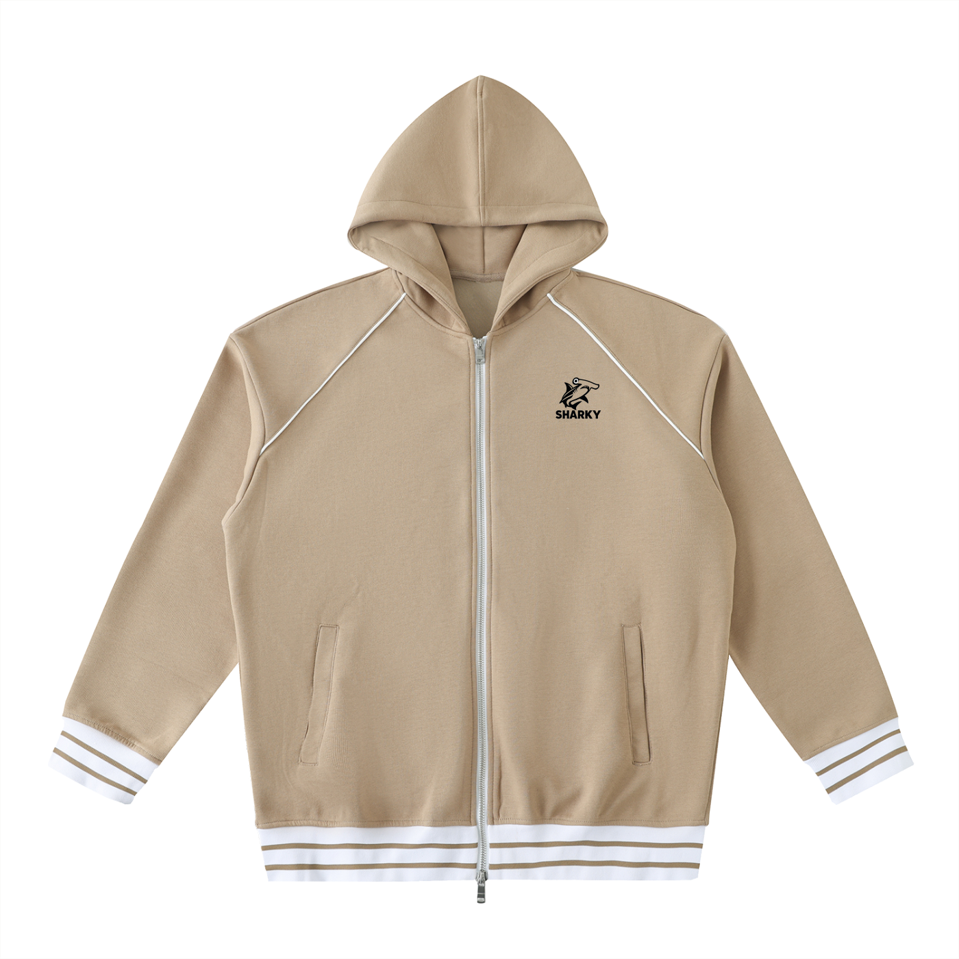 Striped Trim Zip-Up Hoodie - SHARKY
