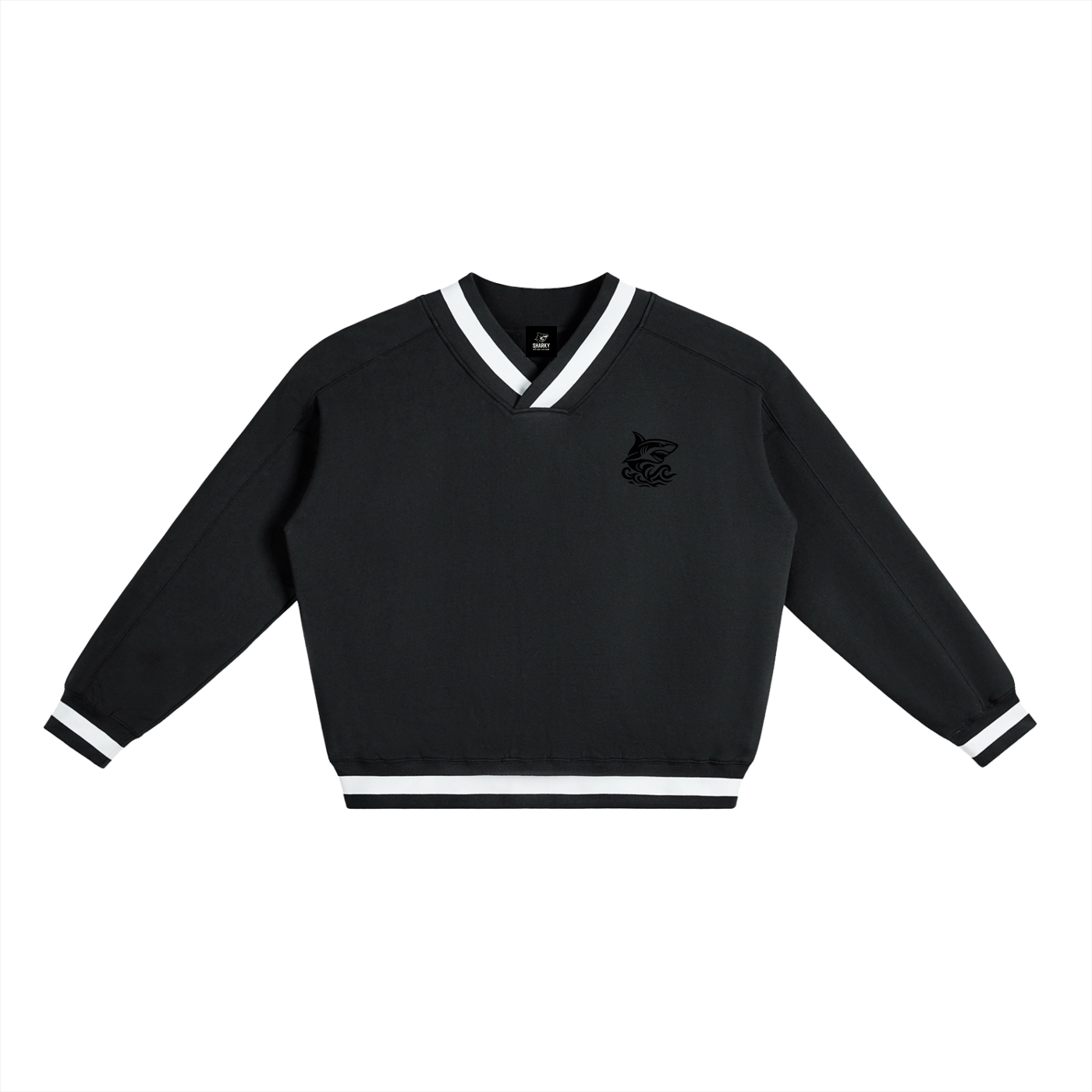V-Neck Contrast Collar Boxy Sweatshirt - SHARKY