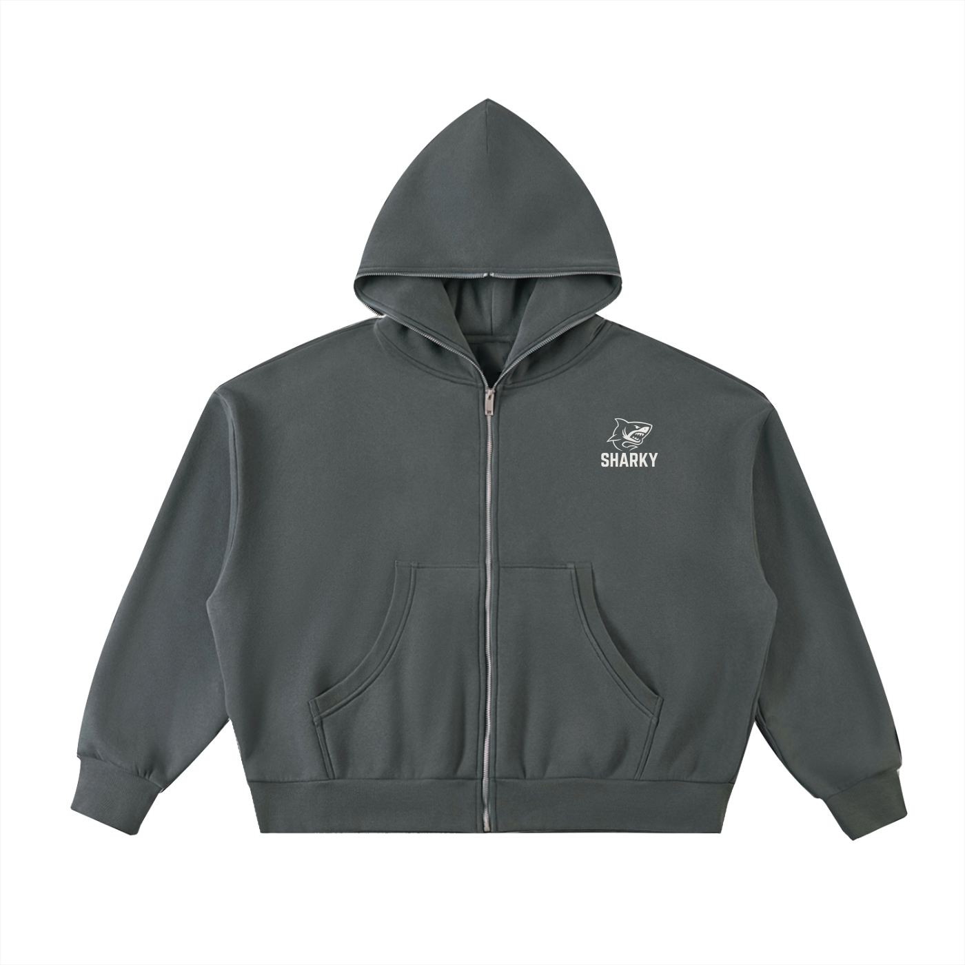 Fleeced Full-Zip Boxy Hoodie - SHARKY