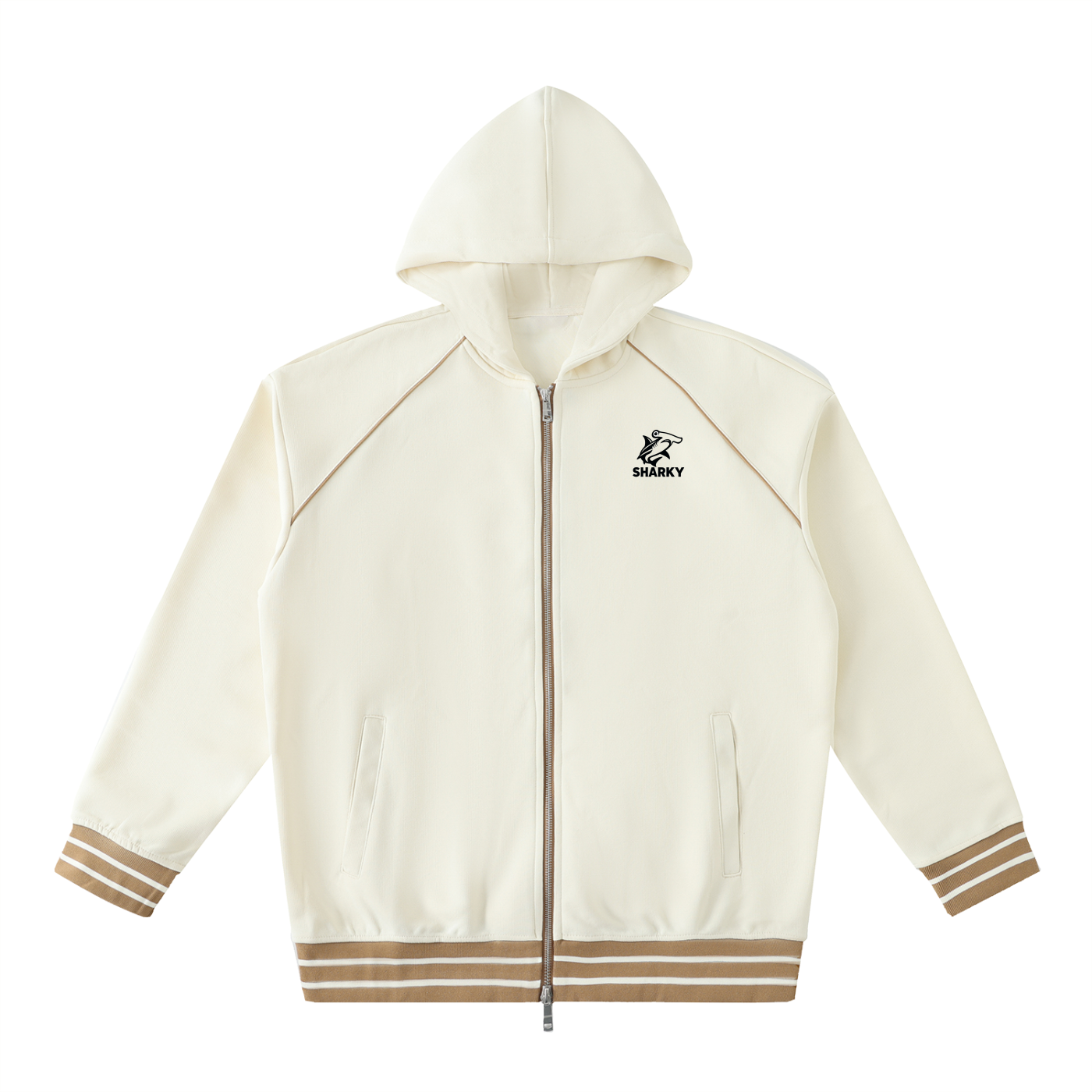 Striped Trim Zip-Up Hoodie - SHARKY