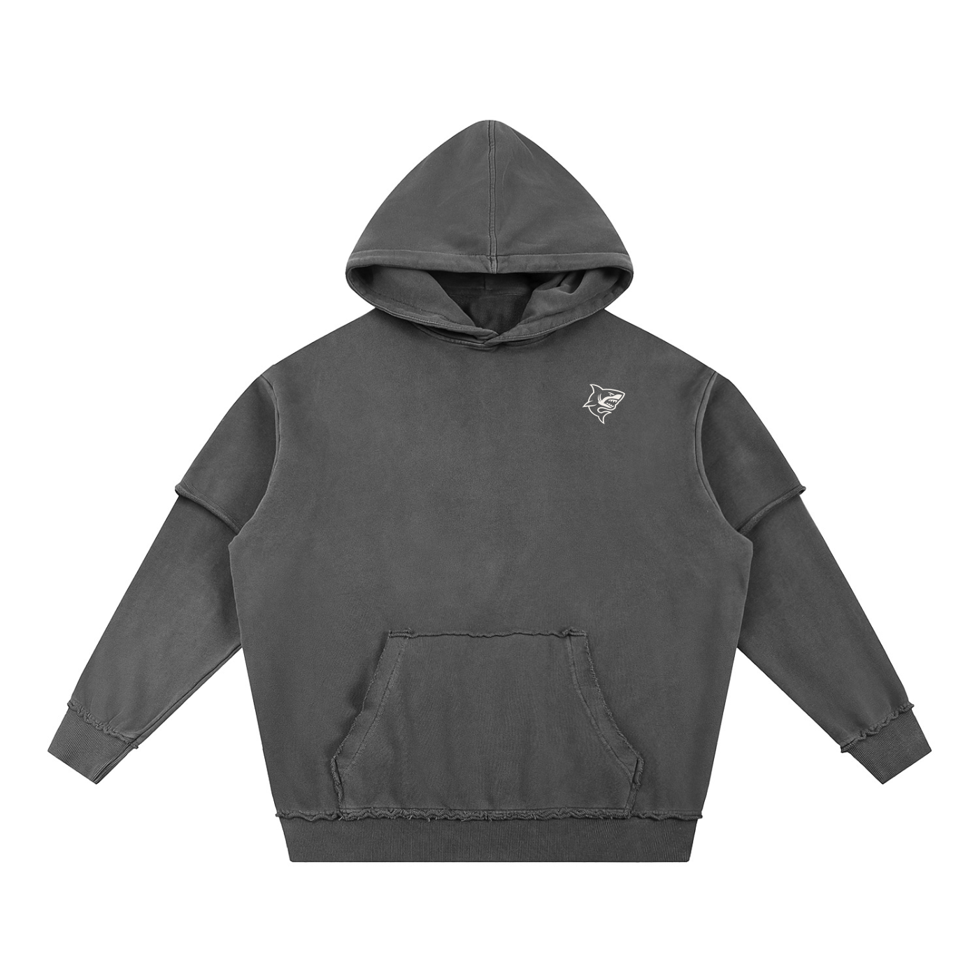 Snow Washed Raw Edge Double Layered Hoodie - SHARKY