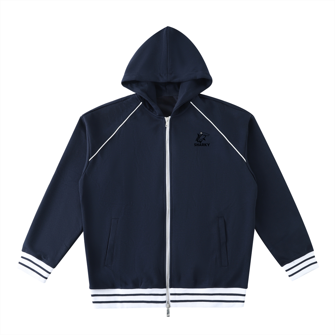 Striped Trim Zip-Up Hoodie - SHARKY