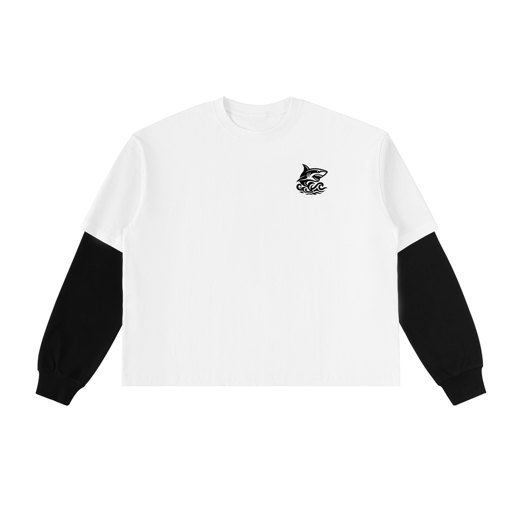 Layered Contrast Sleeve Cotton T-Shirt - SHARKY