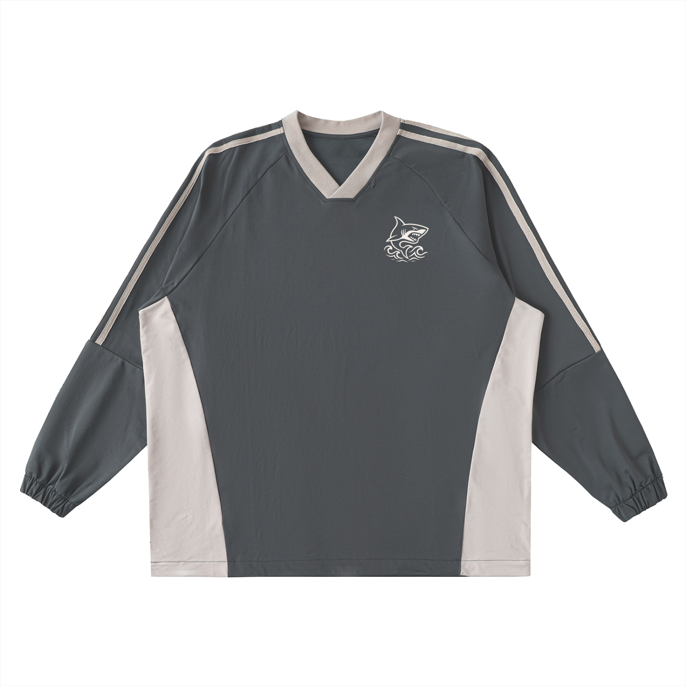 Color-Block V-Neck Long-Sleeve T-Shirt - SHARKY