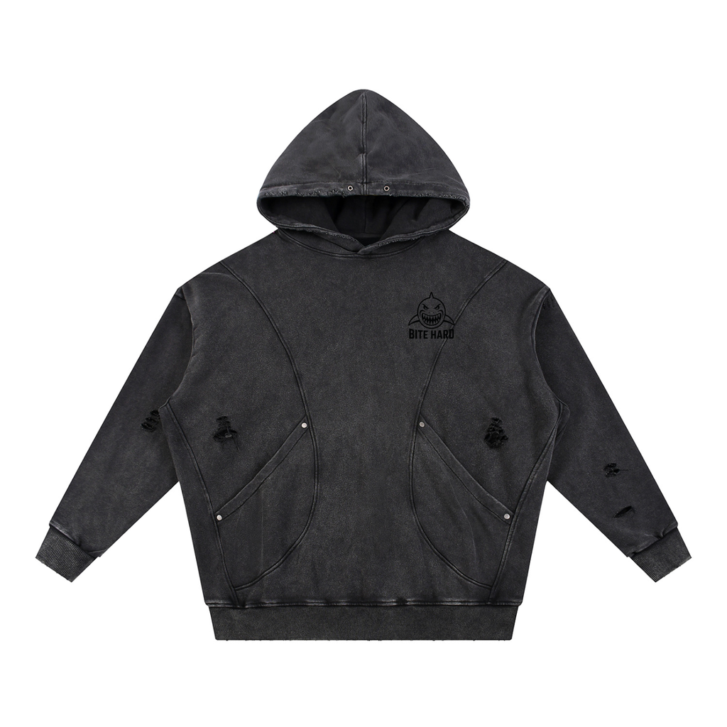 Snow Washed Distressed Panel Pocket Hoodie ODMPOD
