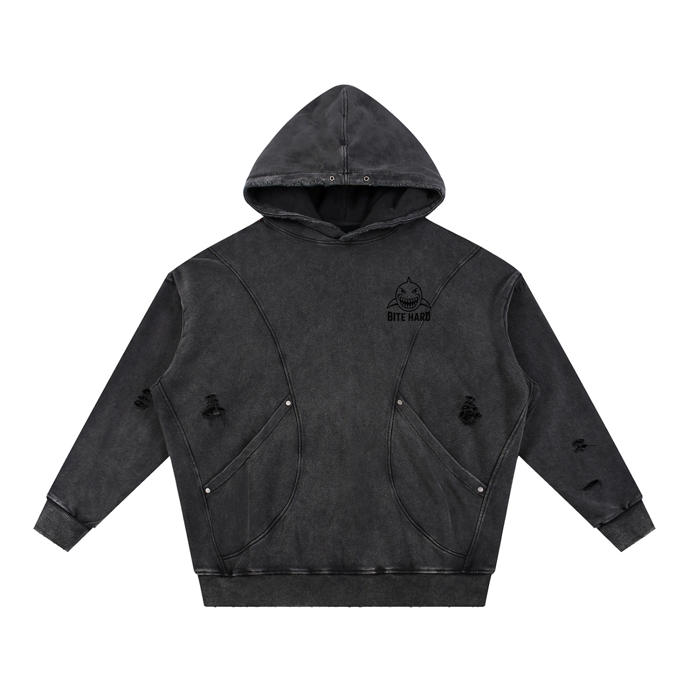 Snow Washed Distressed Panel Pocket Hoodie ODMPOD