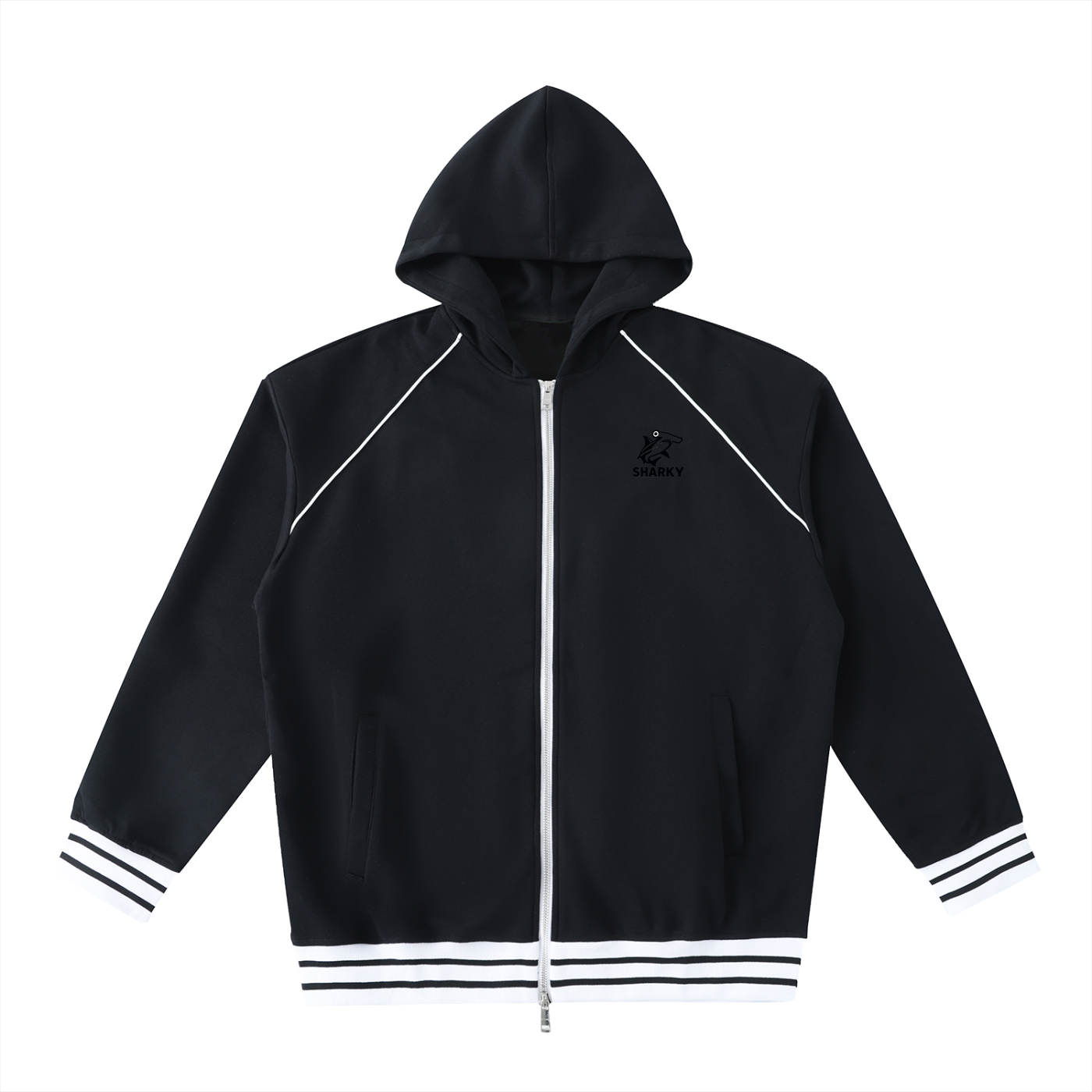 Striped Trim Zip-Up Hoodie - SHARKY