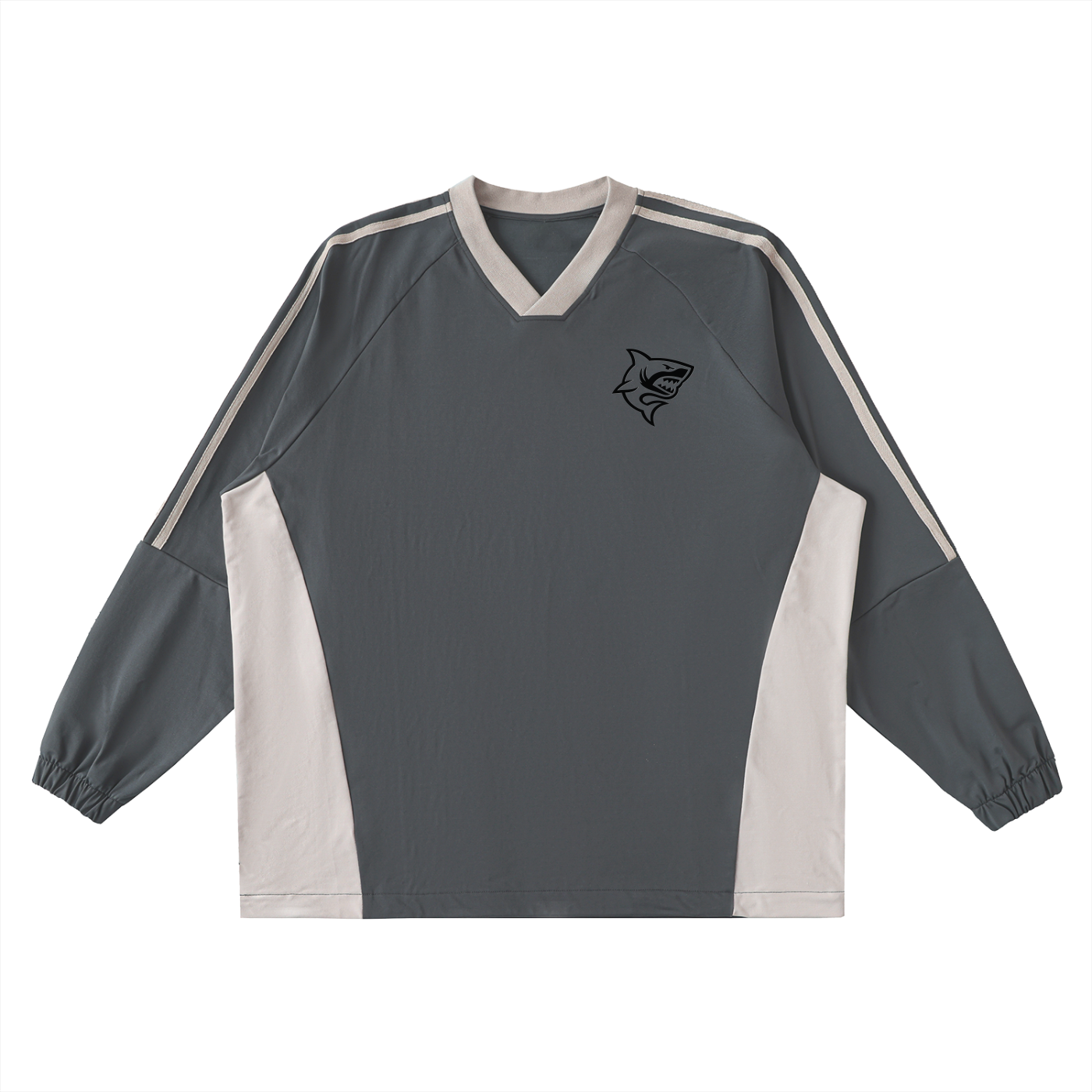 Color-Block V-Neck Long-Sleeve T-Shirt - SHARKY